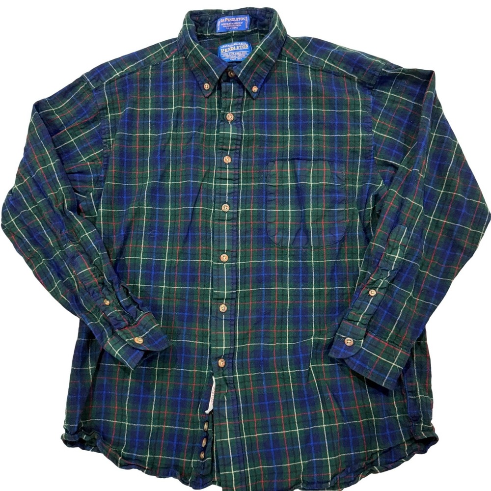 Pendleton Button Down Shirt Men L Green Plaid Sir Pendleton Virgin Wool Heritage